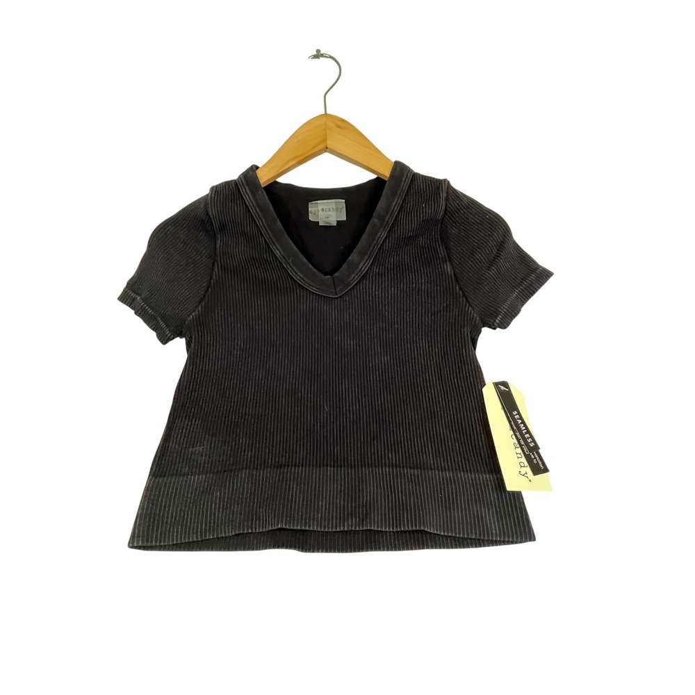 Eye Candy Seamless Ribbed V-Neck Crop Top Washed Black SM Short Sleeve